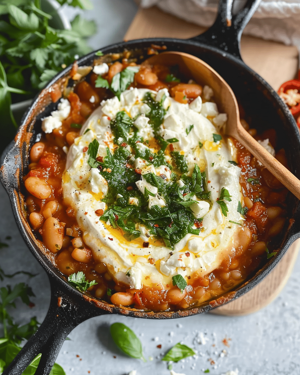 Caramelized Onion Butter Beans with Feta Yoghurt and Zhoug