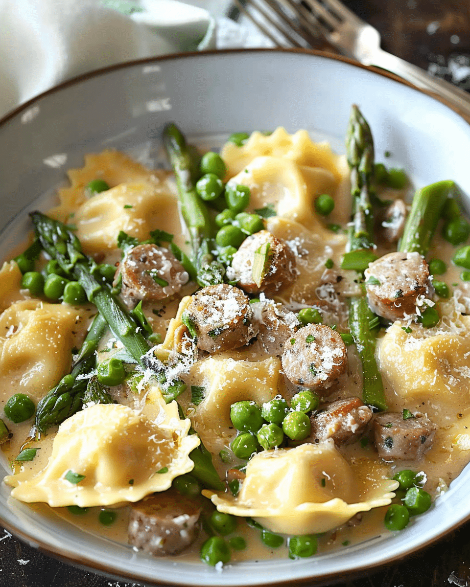 Creamy Asparagus Ravioli with Sausage and Peas
