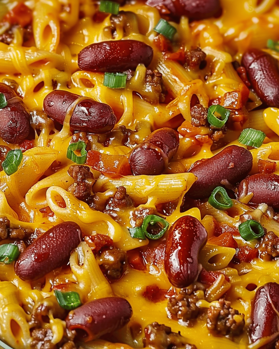 Loaded Chili Cheese Dog Pasta Bake