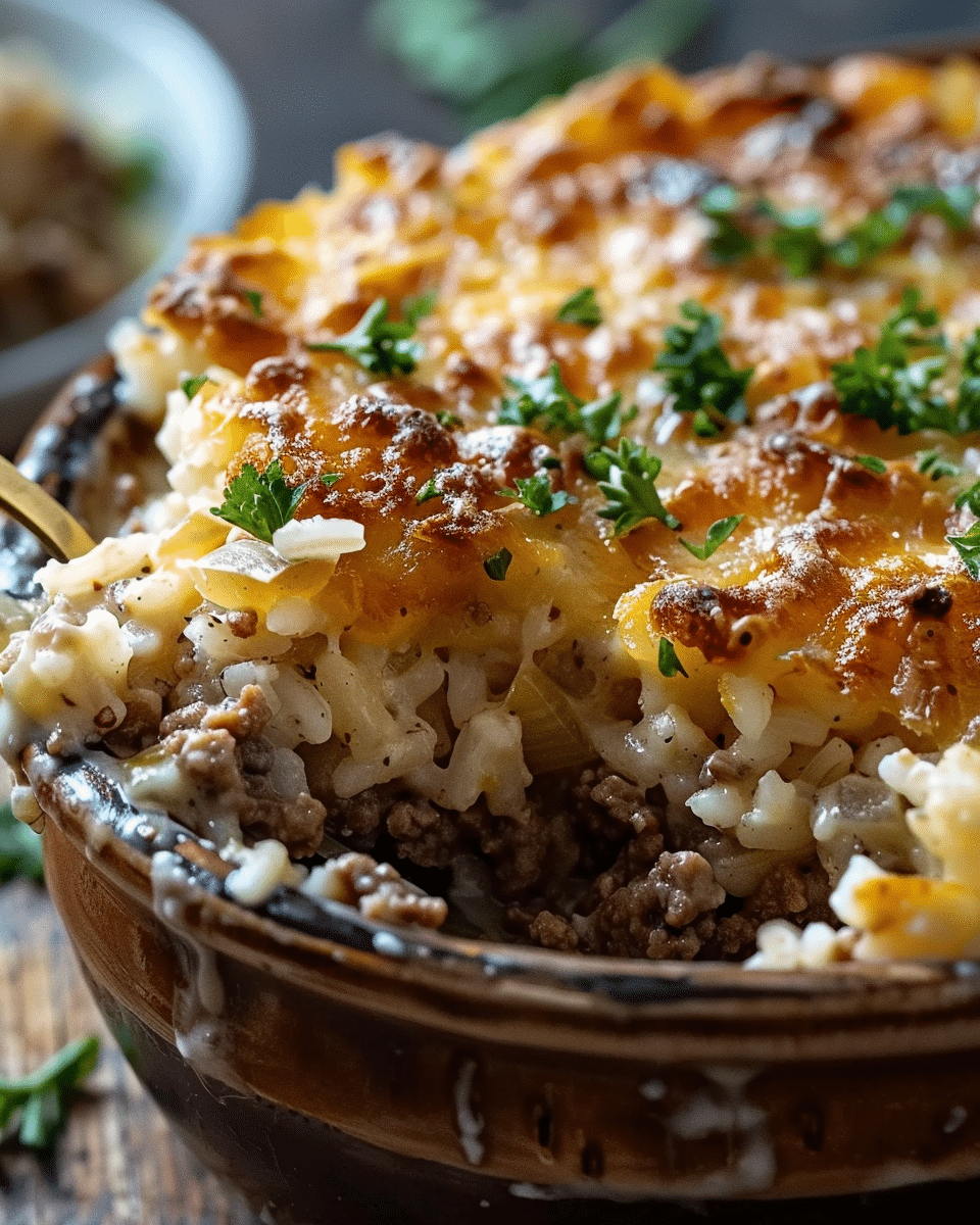 French Onion Ground Beef and Rice Casserole