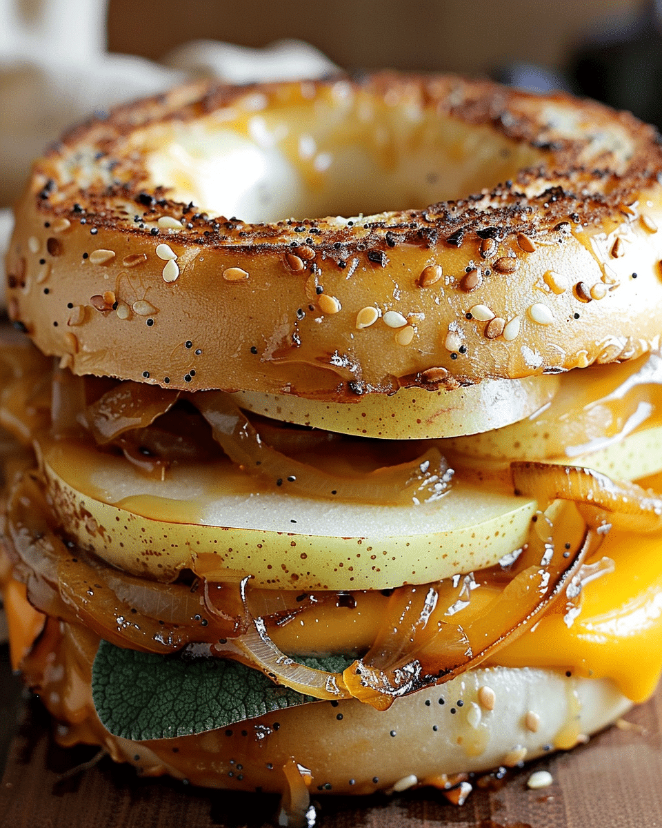 Pear Apple Cheddar Caramelized Onion Grilled Cheese Bagel Sandwich