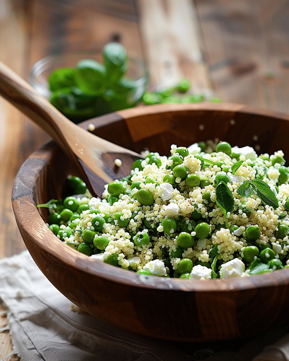 Spring Pea Feta Couscous Salad with Basil Vinaigrette