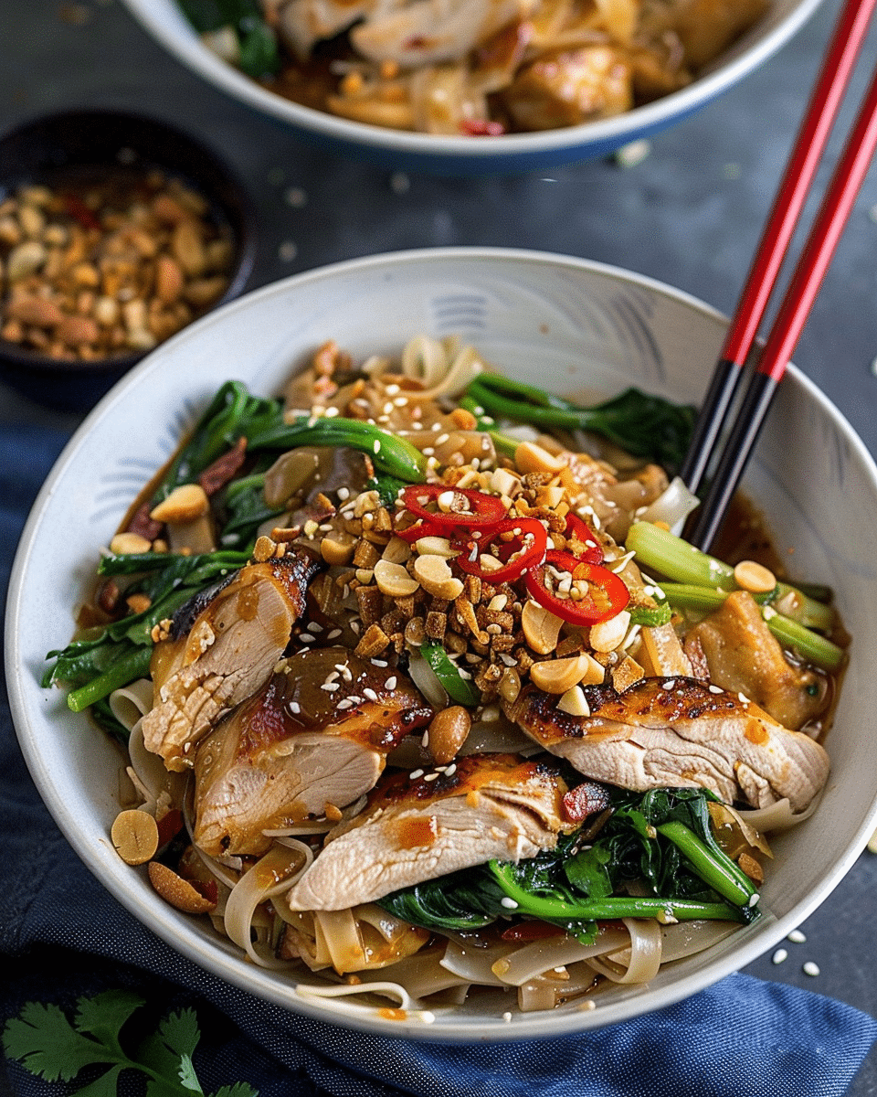 Thai Rad Na Gai (Charred Rice Noodles with Chicken and Gravy)