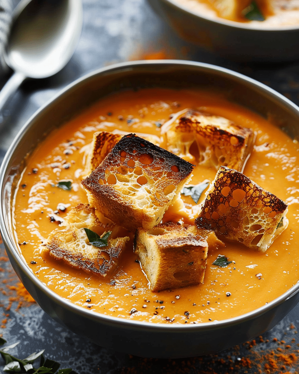 Tomato Bisque with Grilled Cheese Croutons