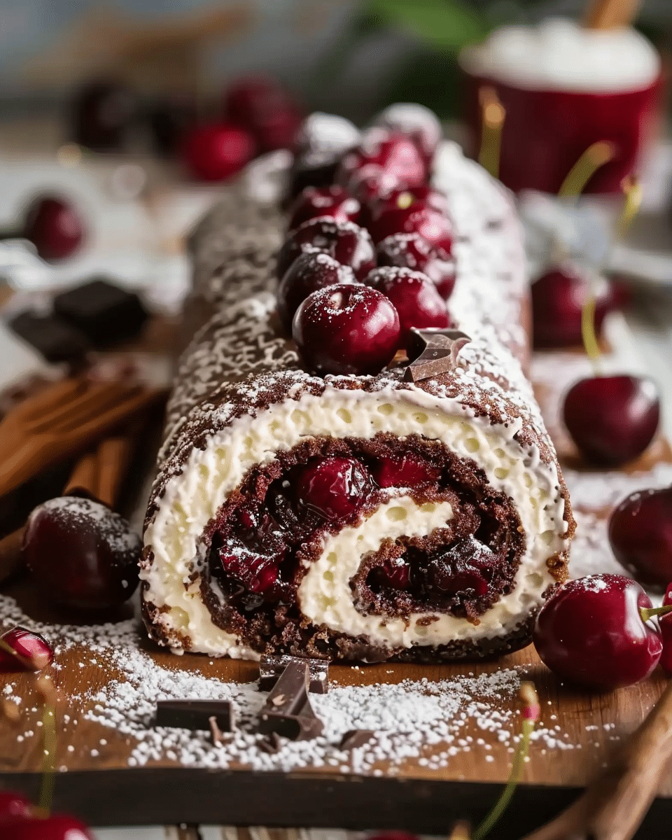 Chocolate Cherry Roll with Rum Cream