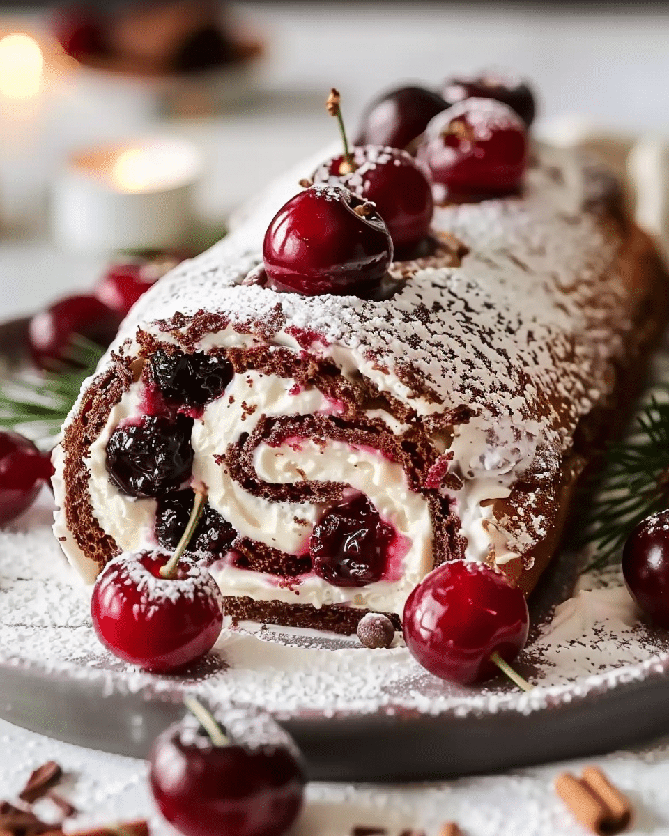 Chocolate Cherry Roll with Rum Cream