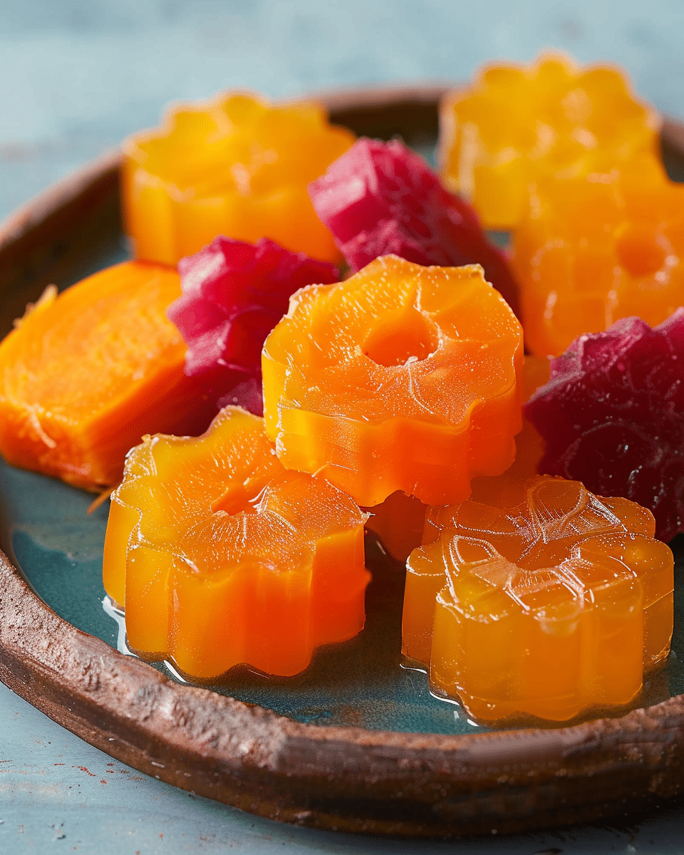 Mango and Carrot Gelatin Bites{ "Description": "Chewy, colorful mango and carrot gelatin bites that are naturally sweet, nutrient-packed, and collagen-rich. Perfect for kids, adults, and a guilt-free snack or lunchbox treat.", "Ingredients": "<ul><li>1 ½ cups diced mango chunks (defrosted if frozen)</li><li>1 medium carrot, steamed until soft</li><li>2 tablespoons honey (or more to taste)</li><li>¼ cup water</li><li>5 tablespoons grass-fed beef gelatin powder</li></ul>", "Instructions": "<ol><li>Line a 9-inch loaf pan with parchment paper and lightly coat with coconut oil spray.</li><li>In a high-speed blender, combine mango, steamed carrot, honey, and water. Blend until silky smooth, about 5 minutes. Taste and add more honey if needed.</li><li>Pour the puree into a saucepan. Sprinkle gelatin evenly on top and let sit for 5 minutes without stirring.</li><li>Place saucepan over medium heat and whisk continuously until the gelatin is fully dissolved and the mixture is smooth. Do not boil.</li><li>Pour mixture into the prepared pan, smoothing the surface.</li><li>Refrigerate for 3–4 hours, or until set.</li><li>Once firm, cut into cubes or use cookie cutters for fun shapes. Store in the fridge for up to 5 days.</li></ol>", "Notes": "<ul><li>Use maple syrup or agave instead of honey for a different sweetener.</li><li>Add orange juice or zest for a citrusy twist.</li><li>Try sweet potatoes or parsnips in place of carrot for a new flavor.</li><li>Use agar-agar or another plant-based gelatin for a vegan version.</li><li>Blend in a few strawberries or pineapple for a tropical mix.</li><li>Do not reheat; these bites are meant to be eaten chilled.</li></ul>", "Details": { "Prep Time": "20 minutes", "Cook Time": "10 minutes", "Chill Time": "3–4 hours", "Total Time": "30 minutes active, plus chilling", "Yield": "About 75 bite-sized pieces", "Category": "Snack", "Method": "Blending and chilling", "Cuisine": "American", "Diet": "Gluten-Free, Naturally Sweetened" }, "Keywords": "mango carrot gelatin, healthy snack, fruit bites, collagen-rich snack, kids lunchbox treat, natural sweetener", "Nutrition": { "Serving Size": "5 bites", "Calories": "45", "Sugar": "8g", "Sodium": "5mg", "Fat": "0g", "Saturated Fat": "0g", "Unsaturated Fat": "0g", "Trans Fat": "0g", "Carbohydrates": "11g", "Fiber": "1g", "Protein": "2g", "Cholesterol": "0mg" } }