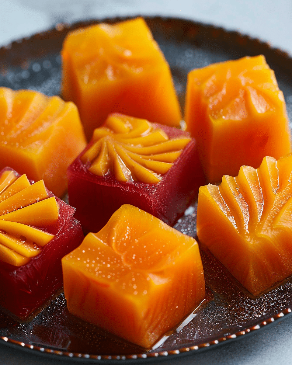 Mango and Carrot Gelatin Bites{ "Description": "Chewy, colorful mango and carrot gelatin bites that are naturally sweet, nutrient-packed, and collagen-rich. Perfect for kids, adults, and a guilt-free snack or lunchbox treat.", "Ingredients": "<ul><li>1 ½ cups diced mango chunks (defrosted if frozen)</li><li>1 medium carrot, steamed until soft</li><li>2 tablespoons honey (or more to taste)</li><li>¼ cup water</li><li>5 tablespoons grass-fed beef gelatin powder</li></ul>", "Instructions": "<ol><li>Line a 9-inch loaf pan with parchment paper and lightly coat with coconut oil spray.</li><li>In a high-speed blender, combine mango, steamed carrot, honey, and water. Blend until silky smooth, about 5 minutes. Taste and add more honey if needed.</li><li>Pour the puree into a saucepan. Sprinkle gelatin evenly on top and let sit for 5 minutes without stirring.</li><li>Place saucepan over medium heat and whisk continuously until the gelatin is fully dissolved and the mixture is smooth. Do not boil.</li><li>Pour mixture into the prepared pan, smoothing the surface.</li><li>Refrigerate for 3–4 hours, or until set.</li><li>Once firm, cut into cubes or use cookie cutters for fun shapes. Store in the fridge for up to 5 days.</li></ol>", "Notes": "<ul><li>Use maple syrup or agave instead of honey for a different sweetener.</li><li>Add orange juice or zest for a citrusy twist.</li><li>Try sweet potatoes or parsnips in place of carrot for a new flavor.</li><li>Use agar-agar or another plant-based gelatin for a vegan version.</li><li>Blend in a few strawberries or pineapple for a tropical mix.</li><li>Do not reheat; these bites are meant to be eaten chilled.</li></ul>", "Details": { "Prep Time": "20 minutes", "Cook Time": "10 minutes", "Chill Time": "3–4 hours", "Total Time": "30 minutes active, plus chilling", "Yield": "About 75 bite-sized pieces", "Category": "Snack", "Method": "Blending and chilling", "Cuisine": "American", "Diet": "Gluten-Free, Naturally Sweetened" }, "Keywords": "mango carrot gelatin, healthy snack, fruit bites, collagen-rich snack, kids lunchbox treat, natural sweetener", "Nutrition": { "Serving Size": "5 bites", "Calories": "45", "Sugar": "8g", "Sodium": "5mg", "Fat": "0g", "Saturated Fat": "0g", "Unsaturated Fat": "0g", "Trans Fat": "0g", "Carbohydrates": "11g", "Fiber": "1g", "Protein": "2g", "Cholesterol": "0mg" } }
