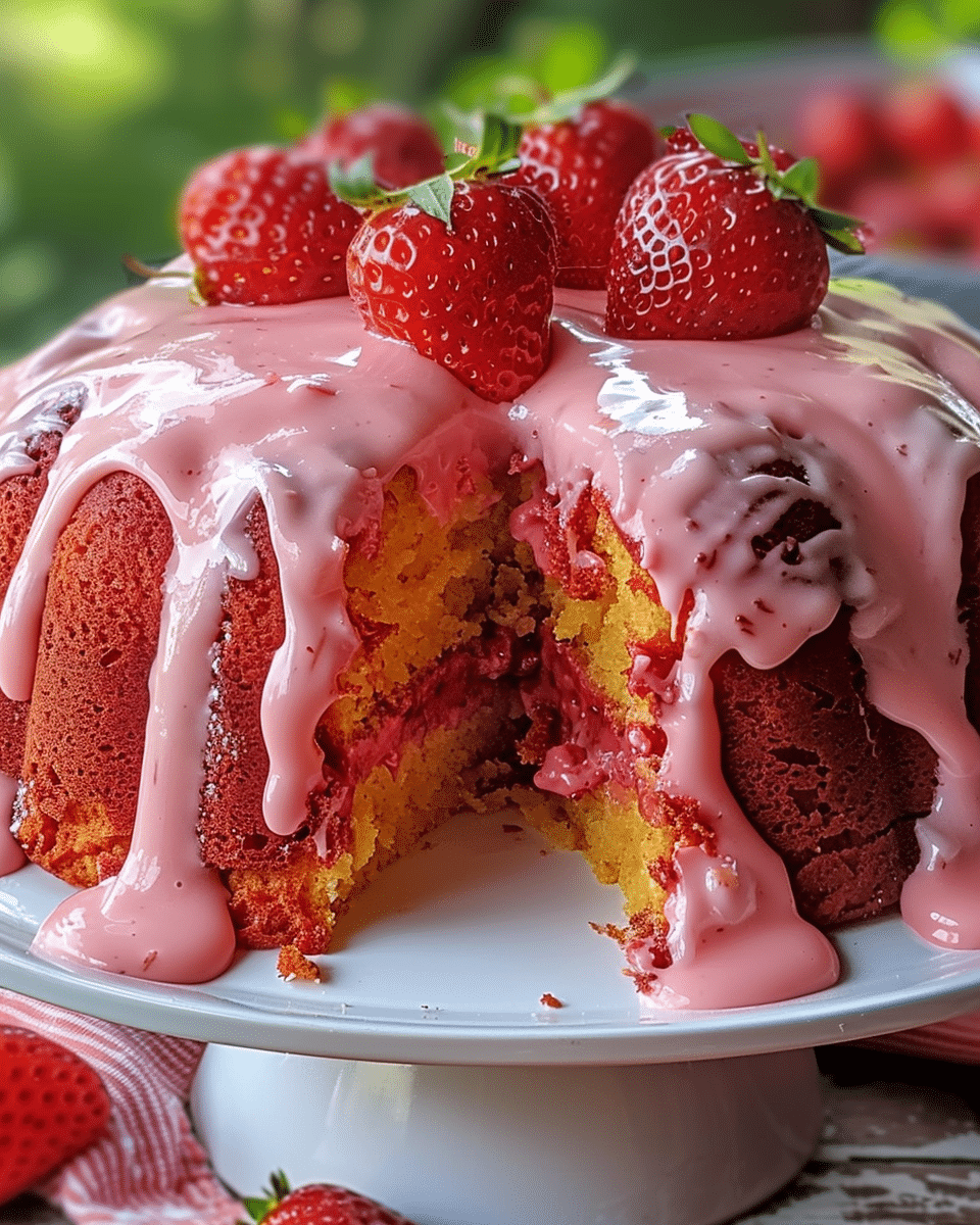 Strawberry Honeybun Cake with Creamy Strawberry Icing