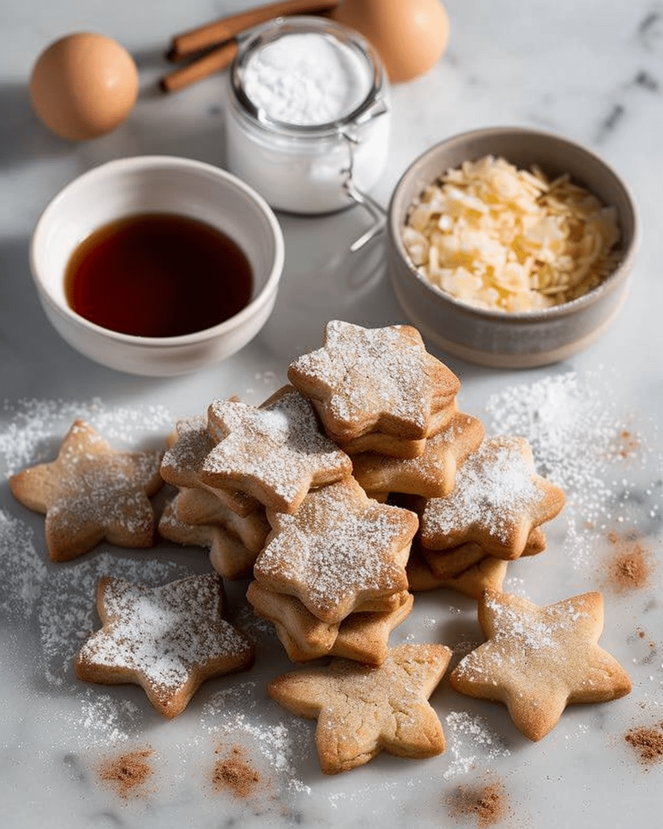 Classic German Cinnamon Star Cookies (Zimtsterne) Recipe{ "Description": "Classic German cinnamon star cookies, or Zimtsterne, are buttery, delicately spiced holiday treats dusted with powdered sugar. Their festive star shapes and warm cinnamon aroma make them a Christmas tradition.", "Ingredients": "<ul><li>2 cups all-purpose flour</li><li>1/2 teaspoon baking powder</li><li>1/4 teaspoon salt</li><li>1/2 teaspoon ground cinnamon</li><li>1 cup unsalted butter, softened</li><li>1 cup granulated sugar</li><li>1 large egg</li><li>1 teaspoon vanilla extract</li></ul><strong>For Dusting:</strong><ul><li>1/4 cup powdered sugar</li><li>Optional: 1/2 teaspoon ground cinnamon mixed into powdered sugar</li></ul><strong>Optional:</strong><ul><li>Additional cinnamon for a stronger flavor in the dough</li></ul>", "Instructions": "<ol><li>In a bowl, combine flour, baking powder, salt, and cinnamon.</li><li>In another bowl, cream butter and sugar until light and fluffy.</li><li>Beat in the egg and vanilla extract until smooth.</li><li>Gradually add dry ingredients to wet mixture until dough forms. Chill dough for easier handling.</li><li>Roll out chilled dough on a lightly floured surface. Cut into star shapes with cookie cutters.</li><li>Place stars on a parchment-lined baking sheet. Bake at 350°F (175°C) for about 10 minutes, until set but not overly browned.</li><li>While warm, dust cookies with powdered sugar or cinnamon-sugar mixture.</li></ol>", "Notes": "<ul><li>Add more cinnamon for a stronger spiced flavor.</li><li>Dust with nutmeg or cardamom for a twist.</li><li>For festive presentation, drizzle with icing instead of powdered sugar.</li><li>Store in an airtight container up to 1 week or freeze for up to 2 months.</li><li>Prevent sticking by dusting rolling surface and cutters with flour.</li></ul>", "Details": { "Prep Time": "30 minutes", "Cook Time": "40 minutes", "Total Time": "1 hour 10 minutes", "Yield": "24 cookies", "Category": "Dessert", "Method": "Baking", "Cuisine": "German", "Diet": "Vegetarian" }, "Keywords": "zimtsterne, cinnamon star cookies, German Christmas cookies, holiday cookie platter, spiced cookies", "Nutrition": { "Serving Size": "1 cookie", "Calories": "110", "Sugar": "7g", "Sodium": "50mg", "Fat": "6g", "Saturated Fat": "4g", "Unsaturated Fat": "2g", "Trans Fat": "0g", "Carbohydrates": "12g", "Fiber": "0g", "Protein": "1g", "Cholesterol": "20mg" } }