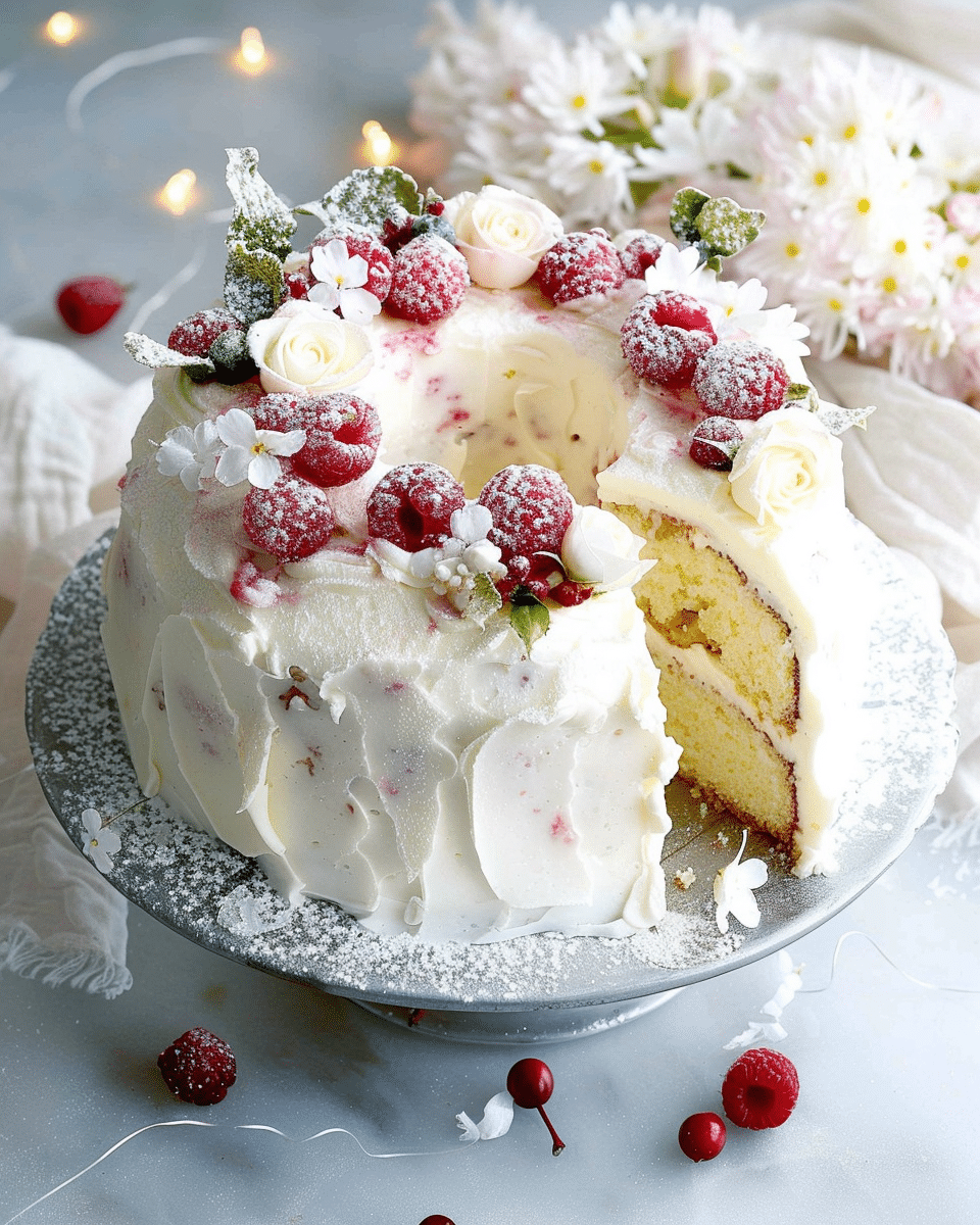 White Angel Cake with Rose and Prosecco Syrup