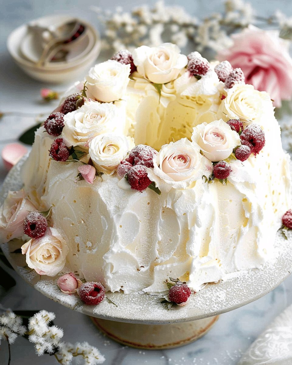 White Angel Cake with Rose and Prosecco Syrup