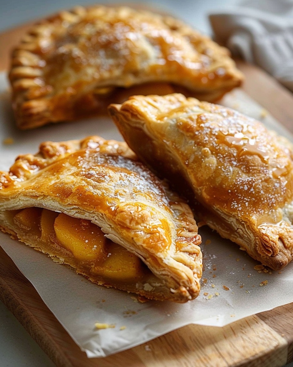 Irresistible Rustic Peach Hand Pies That Steal Hearts{ "Description": "Rustic peach hand pies with a flaky, buttery crust and a juicy, lightly sweetened peach filling, baked until golden and perfect for sharing as a comforting handheld dessert.", "Ingredients": "<ul><li>2 cups all-purpose flour</li><li>1/2 teaspoon salt</li><li>1 cup unsalted butter, cold and cubed</li><li>1/2 cup ice water</li><li>2 cups fresh peaches, diced</li><li>1/4 cup granulated sugar</li><li>1 teaspoon lemon juice</li><li>1 teaspoon cornstarch</li><li>1 egg, beaten (for egg wash)</li><li>1 tablespoon coarse sugar, for sprinkling</li></ul>", "Instructions": "<ol><li>In a bowl, mix the flour and salt together.</li><li>Cut in the cold butter until the mixture resembles coarse crumbs.</li><li>Gradually add ice water, mixing just until the dough comes together.</li><li>Divide the dough in half, shape into discs, wrap, and chill for 1 hour.</li><li>Preheat the oven to 375°F (190°C) and line a baking sheet with parchment paper.</li><li>In a bowl, combine peaches, sugar, lemon juice, and cornstarch until evenly coated.</li><li>Roll out one dough disc to about 1/8-inch thickness and cut into 5-inch circles.</li><li>Spoon peach filling onto one half of each circle, fold over, and crimp edges with a fork.</li><li>Place hand pies on the baking sheet, brush with egg wash, and sprinkle with coarse sugar.</li><li>Bake for 20–25 minutes until golden brown.</li><li>Cool slightly before serving.</li></ol>", "Notes": "<ul><li>Keep the butter cold for the flakiest crust.</li><li>Avoid overfilling to prevent leaking.</li><li>Frozen peaches can be used if thawed and well drained.</li><li>Dough can be made a day ahead and refrigerated.</li><li>Hand pies freeze well unbaked and can be baked from frozen.</li></ul>", "Details": { "Prep Time": "30 minutes", "Cook Time": "25 minutes", "Total Time": "1 hour 55 minutes", "Yield": "8 hand pies", "Category": "Dessert", "Method": "Baking", "Cuisine": "American", "Diet": "Vegetarian" }, "Keywords": "peach hand pies, rustic hand pies, peach dessert, homemade hand pies, flaky pastry", "Nutrition": { "Serving Size": "1 hand pie", "Calories": "360", "Sugar": "14g", "Sodium": "160mg", "Fat": "22g", "Saturated Fat": "13g", "Unsaturated Fat": "8g", "Trans Fat": "0g", "Carbohydrates": "38g", "Fiber": "2g", "Protein": "4g", "Cholesterol": "75mg" } }