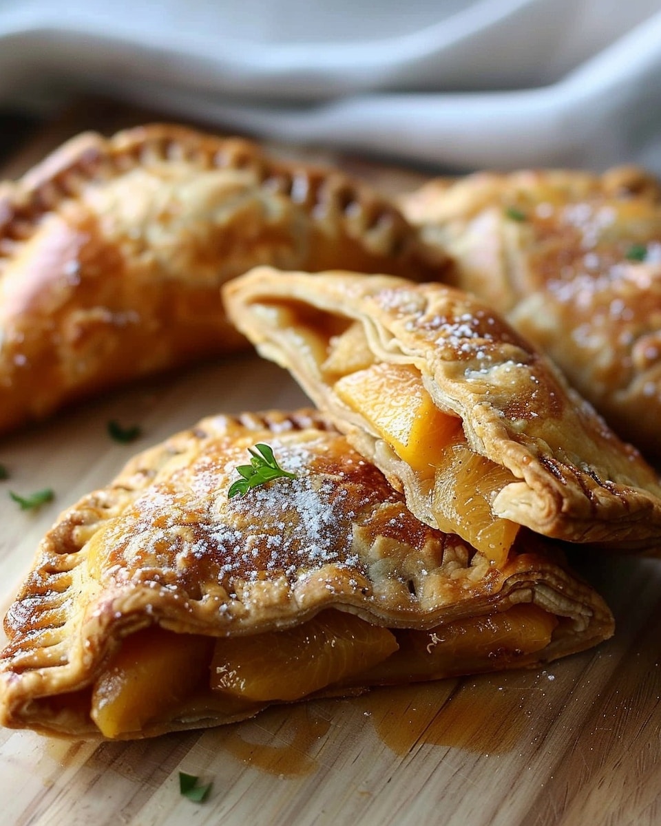 Irresistible Rustic Peach Hand Pies That Steal Hearts{ "Description": "Rustic peach hand pies with a flaky, buttery crust and a juicy, lightly sweetened peach filling, baked until golden and perfect for sharing as a comforting handheld dessert.", "Ingredients": "<ul><li>2 cups all-purpose flour</li><li>1/2 teaspoon salt</li><li>1 cup unsalted butter, cold and cubed</li><li>1/2 cup ice water</li><li>2 cups fresh peaches, diced</li><li>1/4 cup granulated sugar</li><li>1 teaspoon lemon juice</li><li>1 teaspoon cornstarch</li><li>1 egg, beaten (for egg wash)</li><li>1 tablespoon coarse sugar, for sprinkling</li></ul>", "Instructions": "<ol><li>In a bowl, mix the flour and salt together.</li><li>Cut in the cold butter until the mixture resembles coarse crumbs.</li><li>Gradually add ice water, mixing just until the dough comes together.</li><li>Divide the dough in half, shape into discs, wrap, and chill for 1 hour.</li><li>Preheat the oven to 375°F (190°C) and line a baking sheet with parchment paper.</li><li>In a bowl, combine peaches, sugar, lemon juice, and cornstarch until evenly coated.</li><li>Roll out one dough disc to about 1/8-inch thickness and cut into 5-inch circles.</li><li>Spoon peach filling onto one half of each circle, fold over, and crimp edges with a fork.</li><li>Place hand pies on the baking sheet, brush with egg wash, and sprinkle with coarse sugar.</li><li>Bake for 20–25 minutes until golden brown.</li><li>Cool slightly before serving.</li></ol>", "Notes": "<ul><li>Keep the butter cold for the flakiest crust.</li><li>Avoid overfilling to prevent leaking.</li><li>Frozen peaches can be used if thawed and well drained.</li><li>Dough can be made a day ahead and refrigerated.</li><li>Hand pies freeze well unbaked and can be baked from frozen.</li></ul>", "Details": { "Prep Time": "30 minutes", "Cook Time": "25 minutes", "Total Time": "1 hour 55 minutes", "Yield": "8 hand pies", "Category": "Dessert", "Method": "Baking", "Cuisine": "American", "Diet": "Vegetarian" }, "Keywords": "peach hand pies, rustic hand pies, peach dessert, homemade hand pies, flaky pastry", "Nutrition": { "Serving Size": "1 hand pie", "Calories": "360", "Sugar": "14g", "Sodium": "160mg", "Fat": "22g", "Saturated Fat": "13g", "Unsaturated Fat": "8g", "Trans Fat": "0g", "Carbohydrates": "38g", "Fiber": "2g", "Protein": "4g", "Cholesterol": "75mg" } }