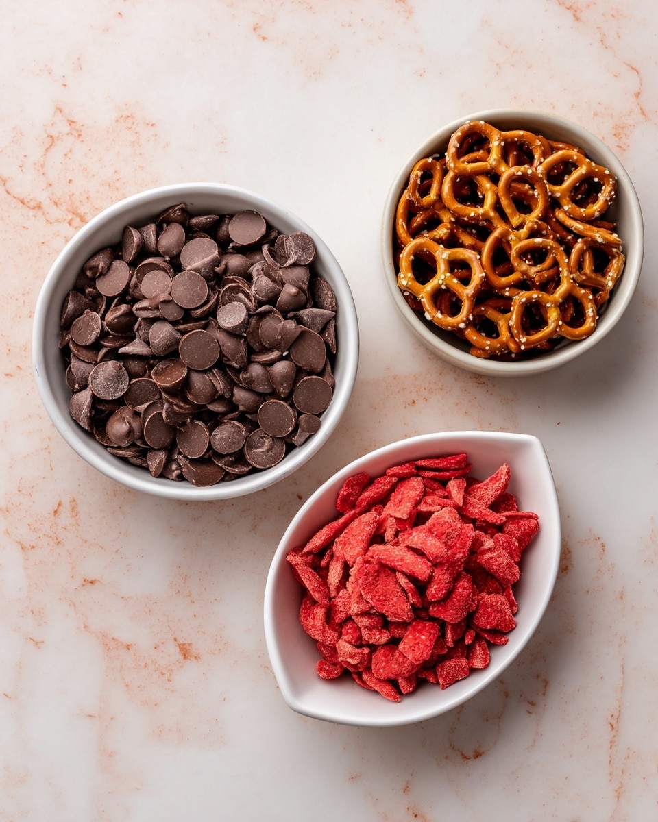 Dark Chocolate Bark with Strawberries and Pretzels