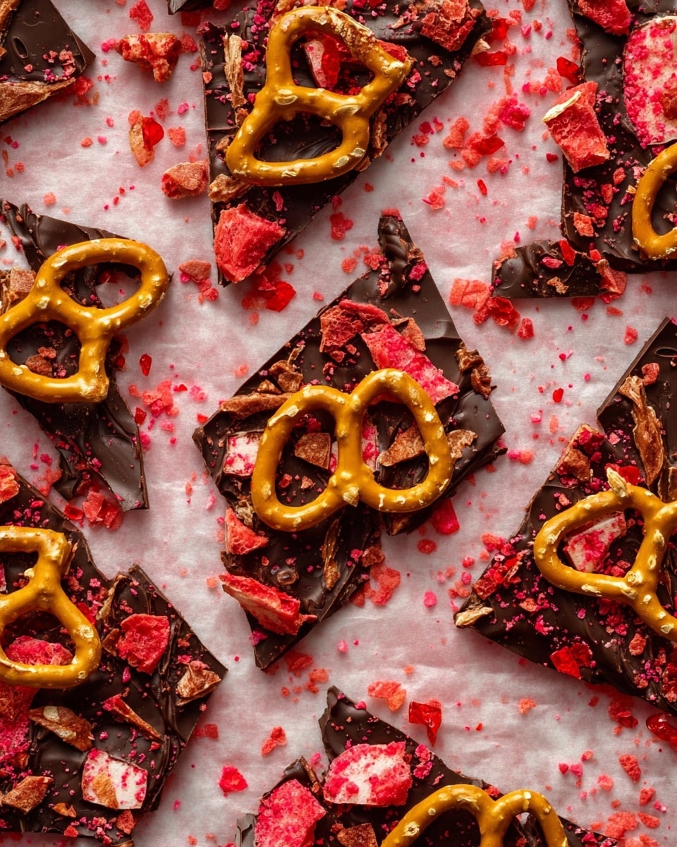 Dark Chocolate Bark with Strawberries and Pretzels